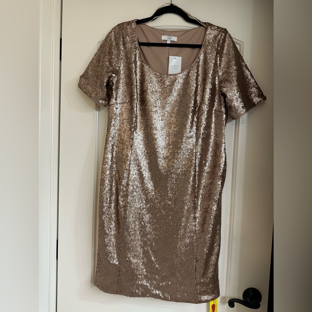 JOANNA HOPE NWT Party Dress. Sz 14 Gold with tiny round sequins & short sleeves